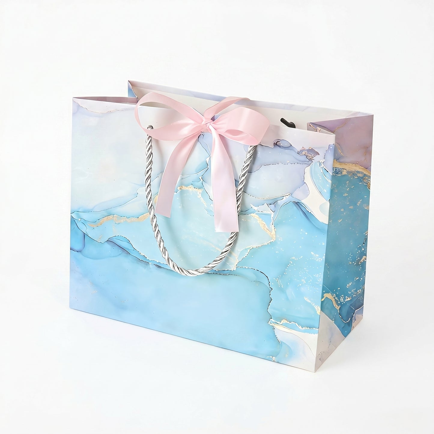 Blue Marble Print Gift Bag with Satin Bow Decoration