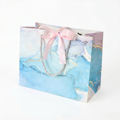 Blue Marble Print Gift Bag with Satin Bow Decoration