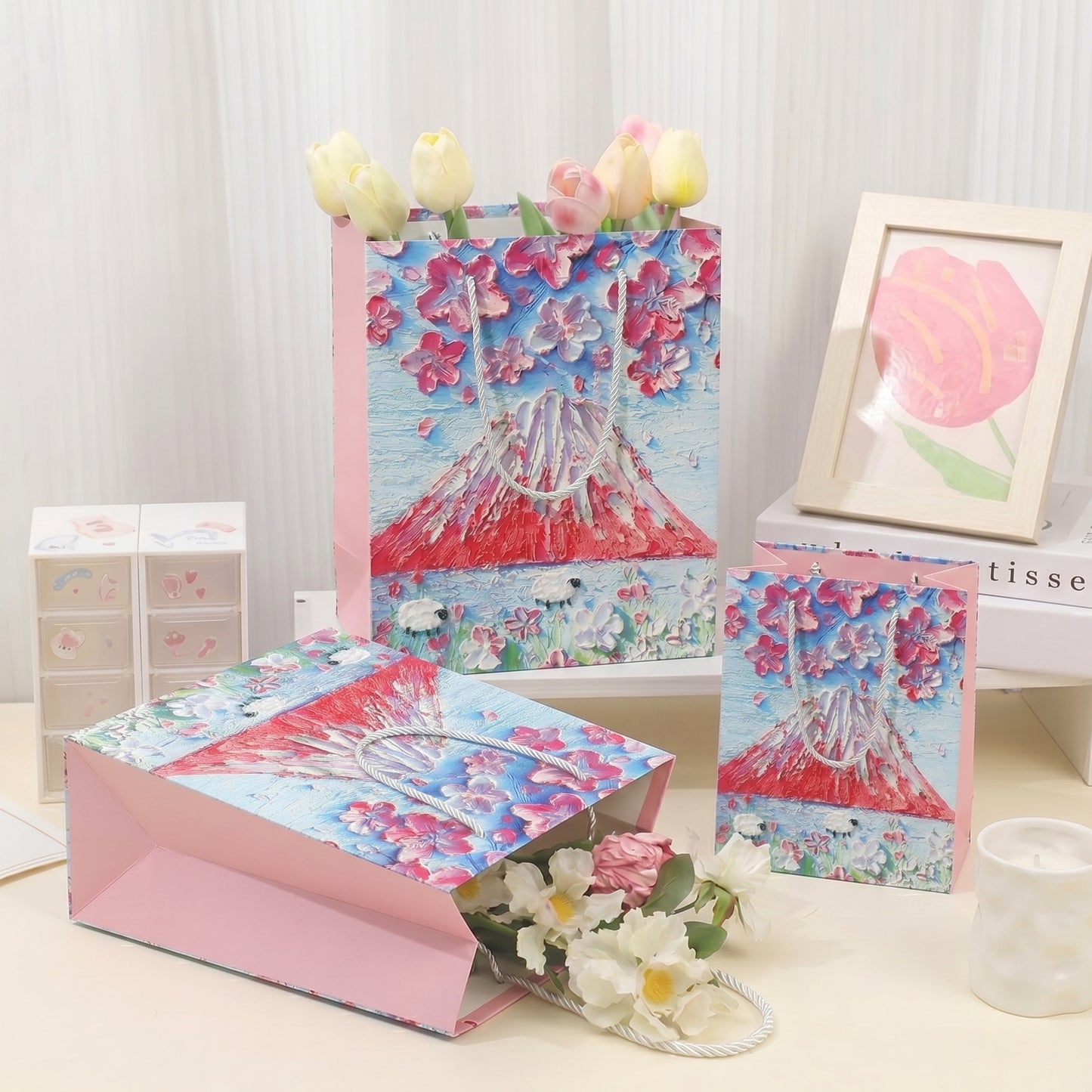 Mount Fuji & Flying Cherry Blossoms Oil Painting Gift Bag
