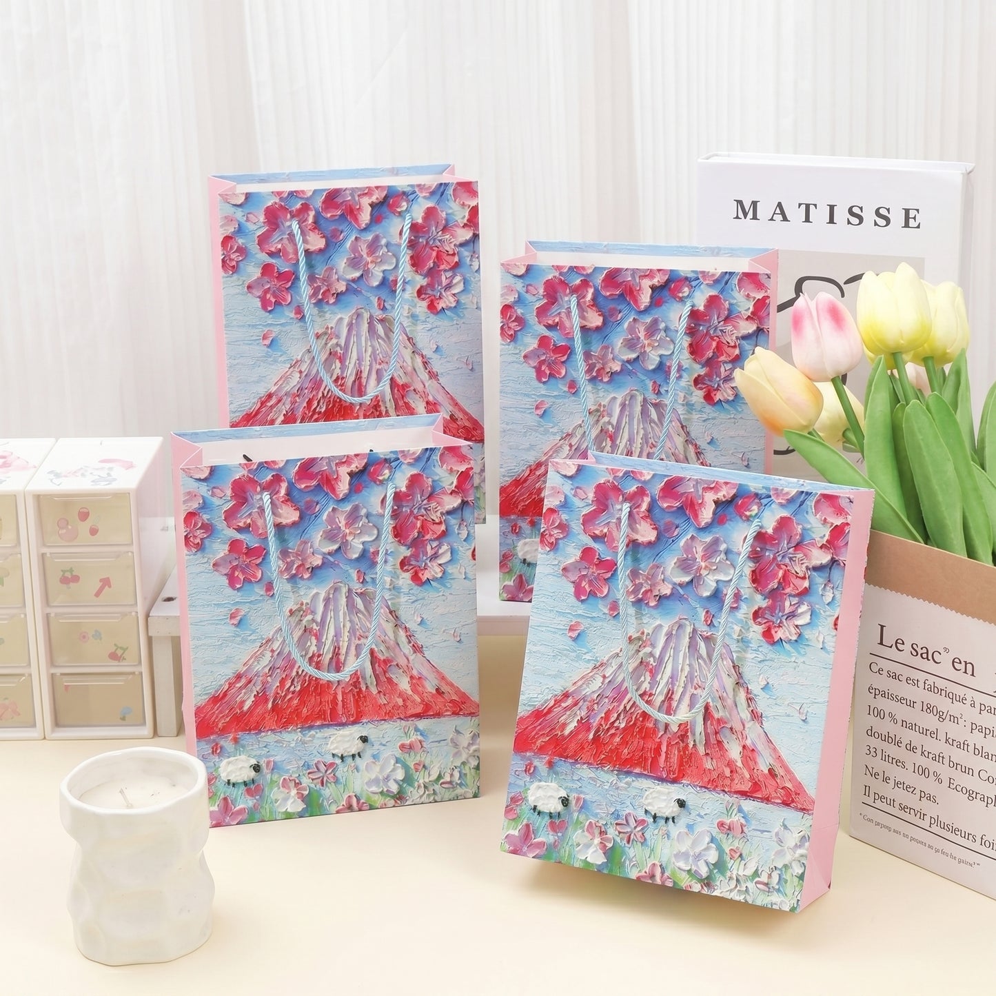 Mount Fuji & Flying Cherry Blossoms Oil Painting Gift Bag