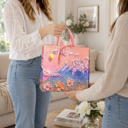 9-Pack Pink Mountain Floral Oil Painting Gift Bags