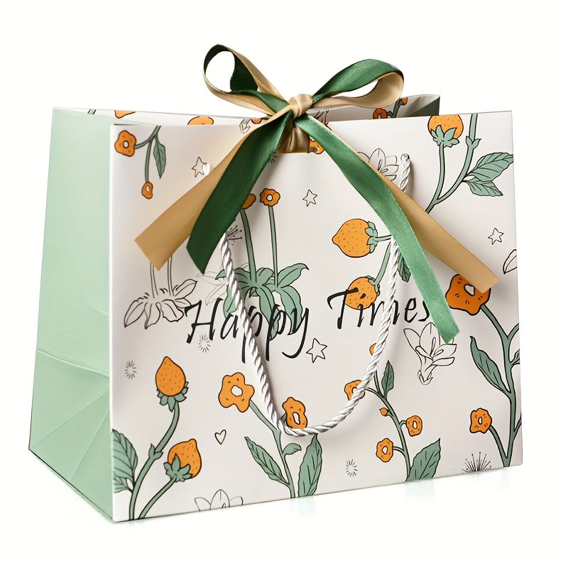 Small Strawberry Print Gift Bag with Gold & Green Bow