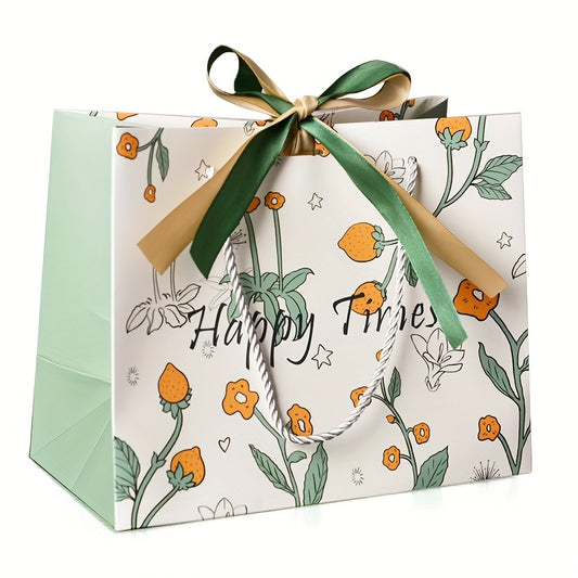Small Strawberry Print Gift Bag with Gold & Green Bow