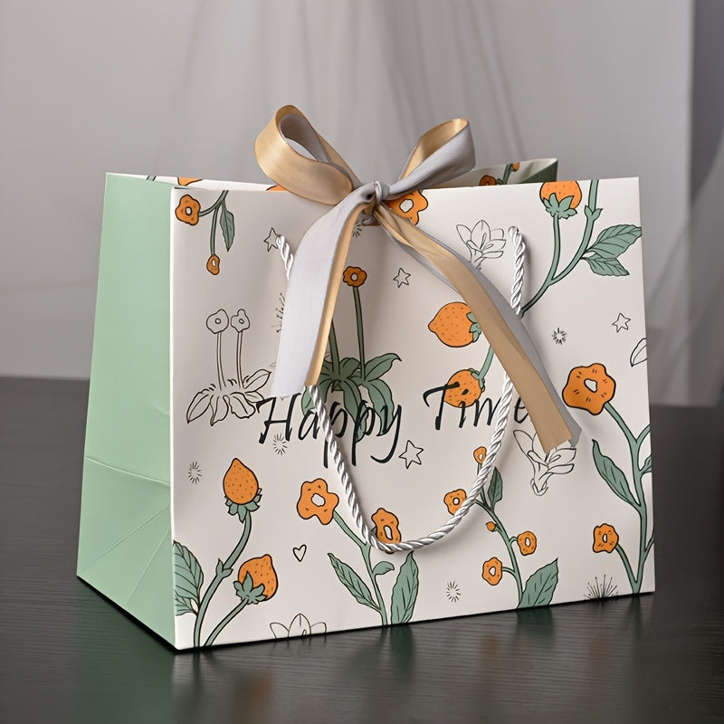Small Strawberry Print Gift Bag with Gold & Green Bow