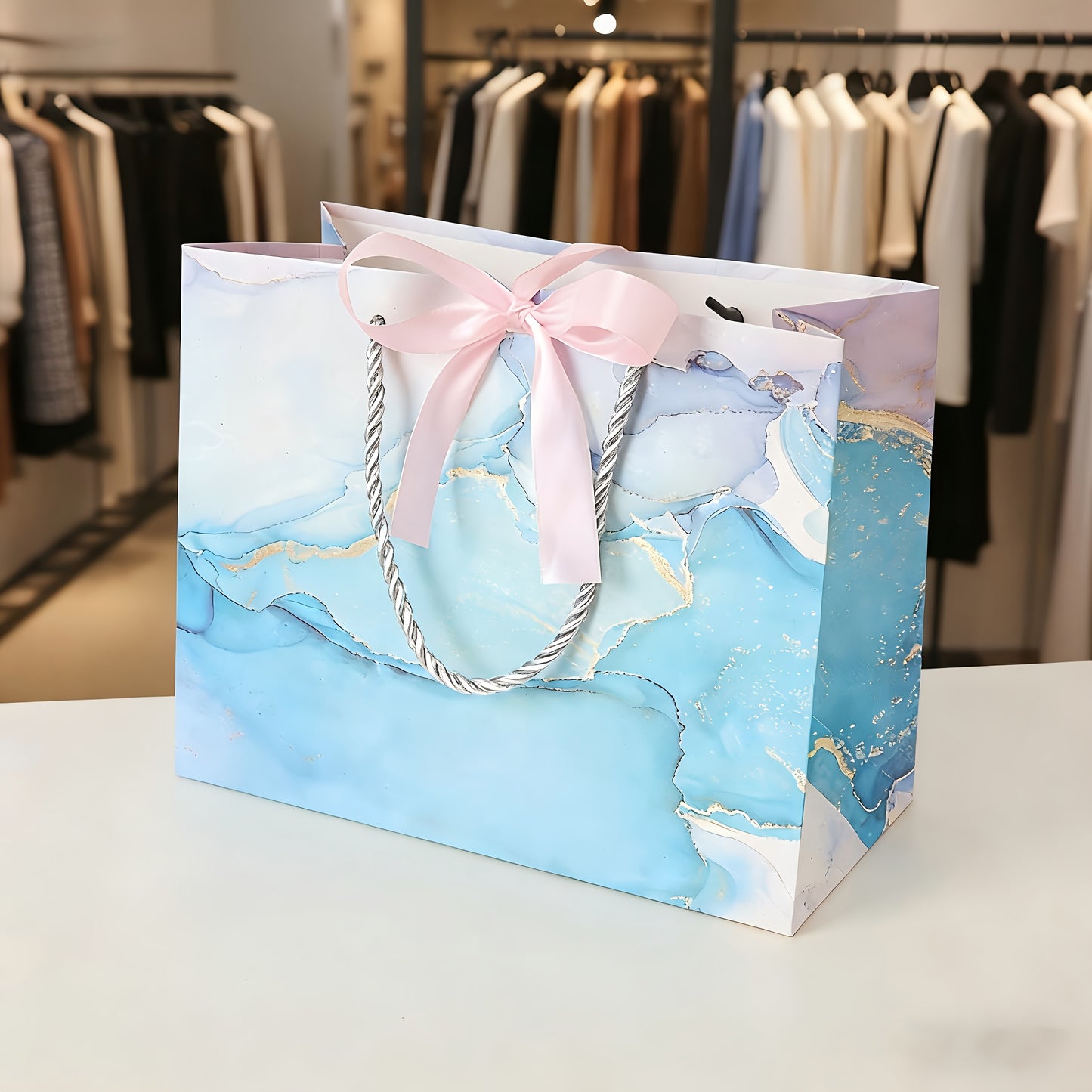 Blue Marble Print Gift Bag with Satin Bow Decoration