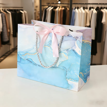 Blue Marble Print Gift Bag with Satin Bow Decoration