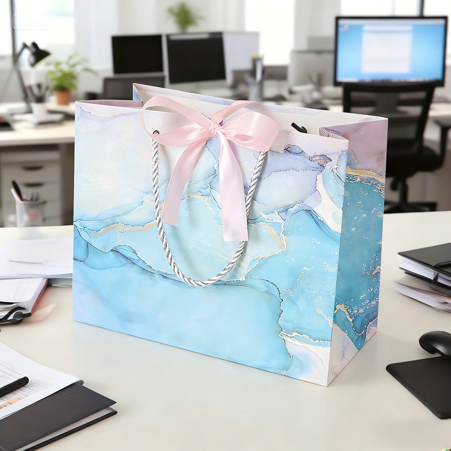 Blue Marble Print Gift Bag with Satin Bow Decoration