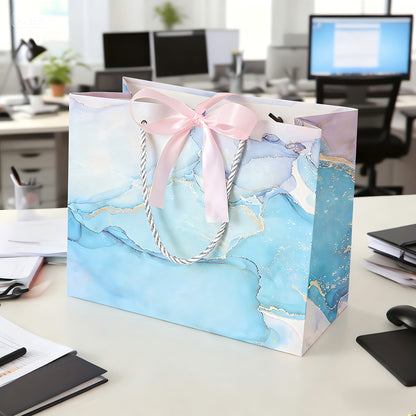 Blue Marble Print Gift Bag with Satin Bow Decoration