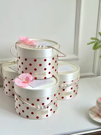 Luxury Floral Polka Dot Gift Box with Ribbon Handle, Bridesmaid Card & Premium Tissue Paper Filling – Round & Square Proposal Gift Box for Wedding, Bridal Shower, Birthday & Special Occasions