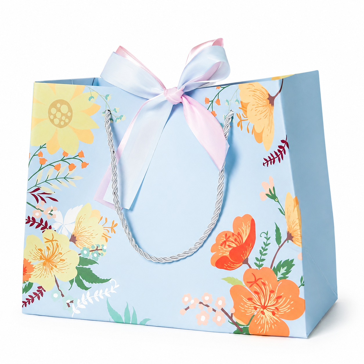 Blue Floral Gift Bag with Ribbon Bow & Rope Handles