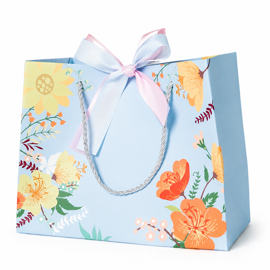 Blue Floral Gift Bag with Ribbon Bow & Rope Handles