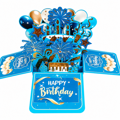 3D Blue Birthday Pop-Up Card with Envelope & Note Card