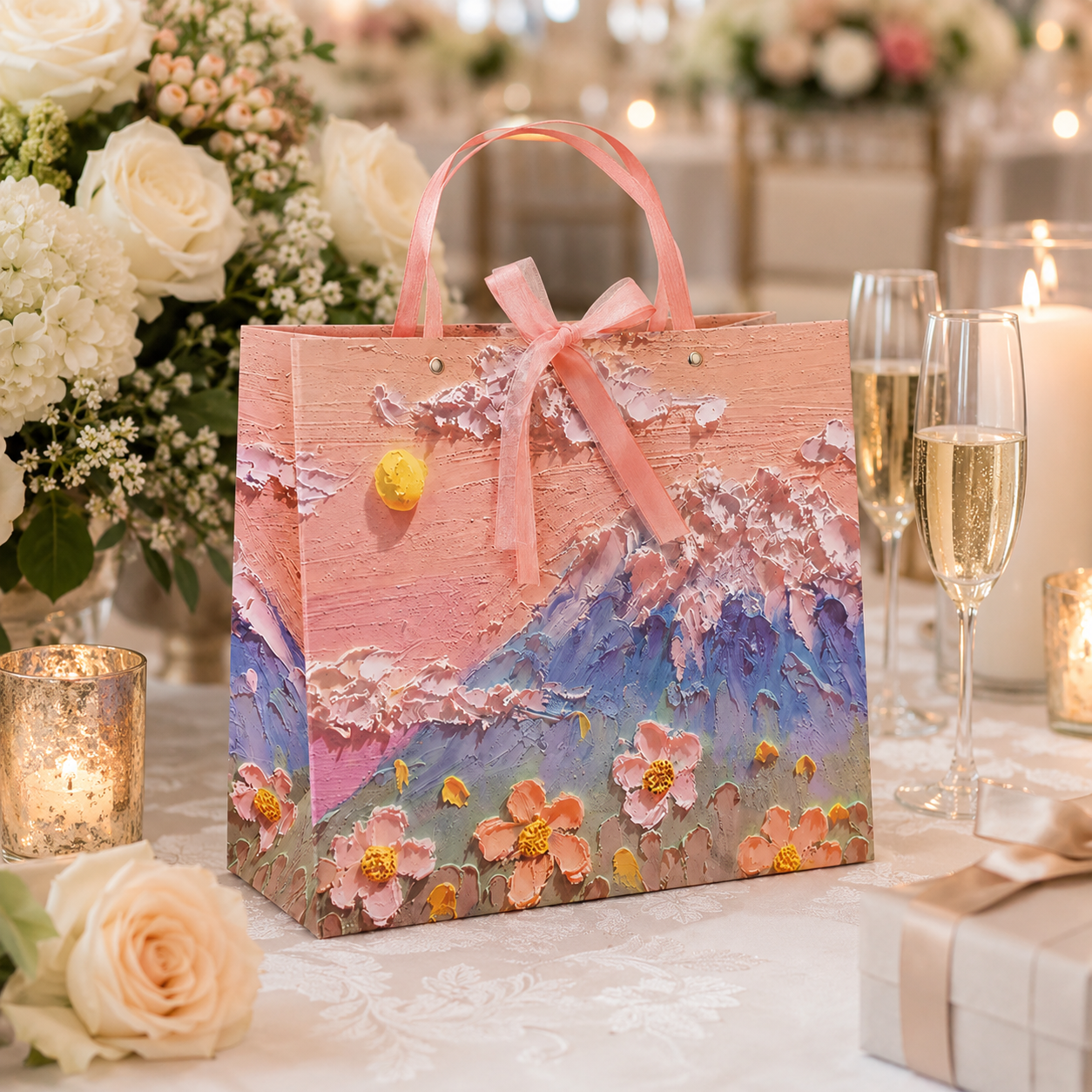 Extra Large Pink Mountain Floral Oil Painting Gift Bags