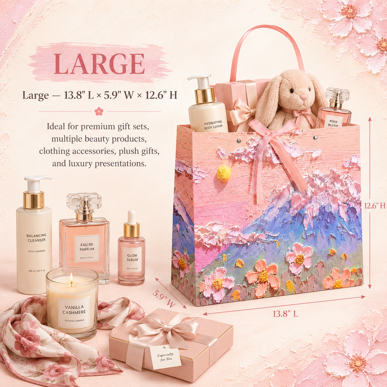 9-Pack Pink Mountain Floral Oil Painting Gift Bags
