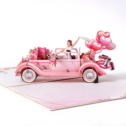 3D Pop-Up Wedding Card with Pink Just Married Car