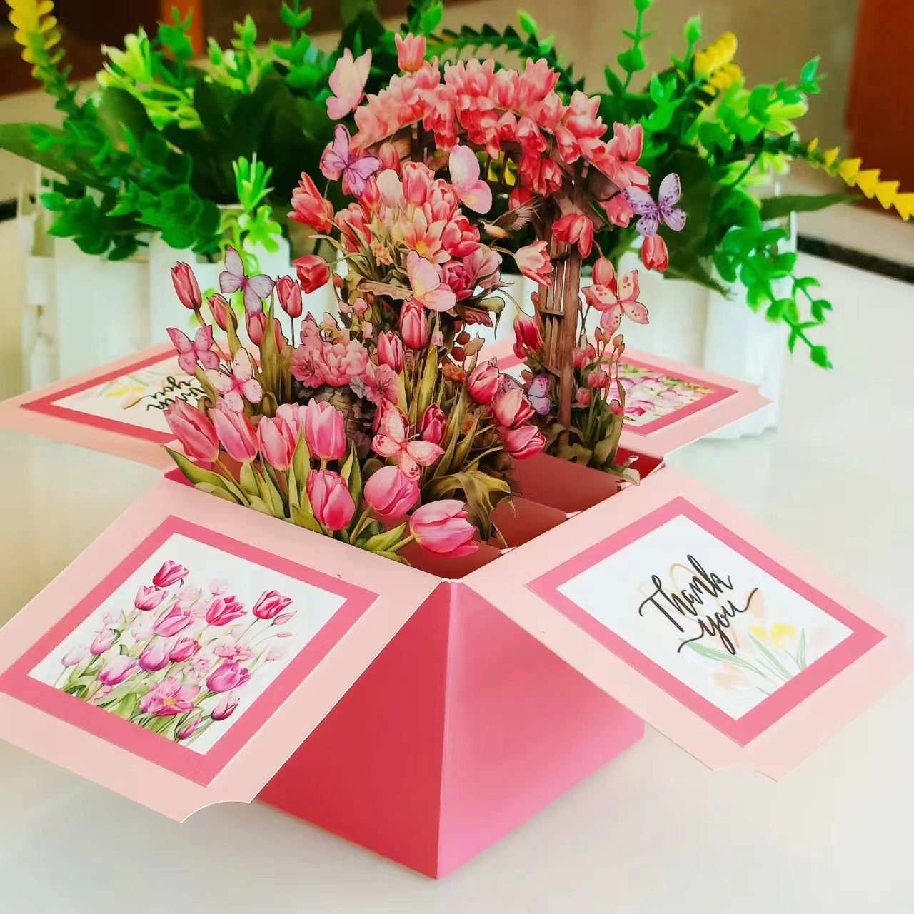 3D Pink Tulip Garden Pop-Up Thank You Card with Envelope