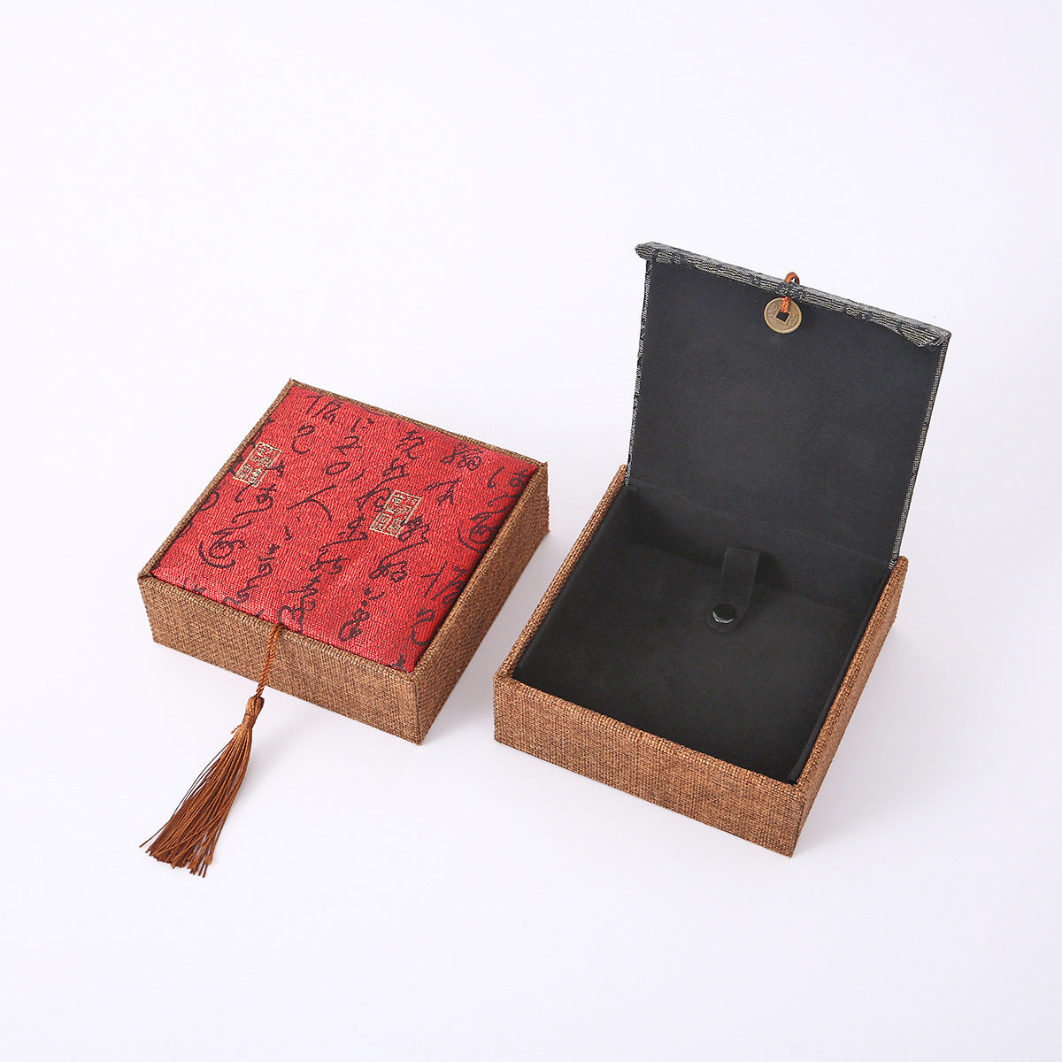 Chinese Calligraphy Brocade Jewelry Gift Box with Tassel
