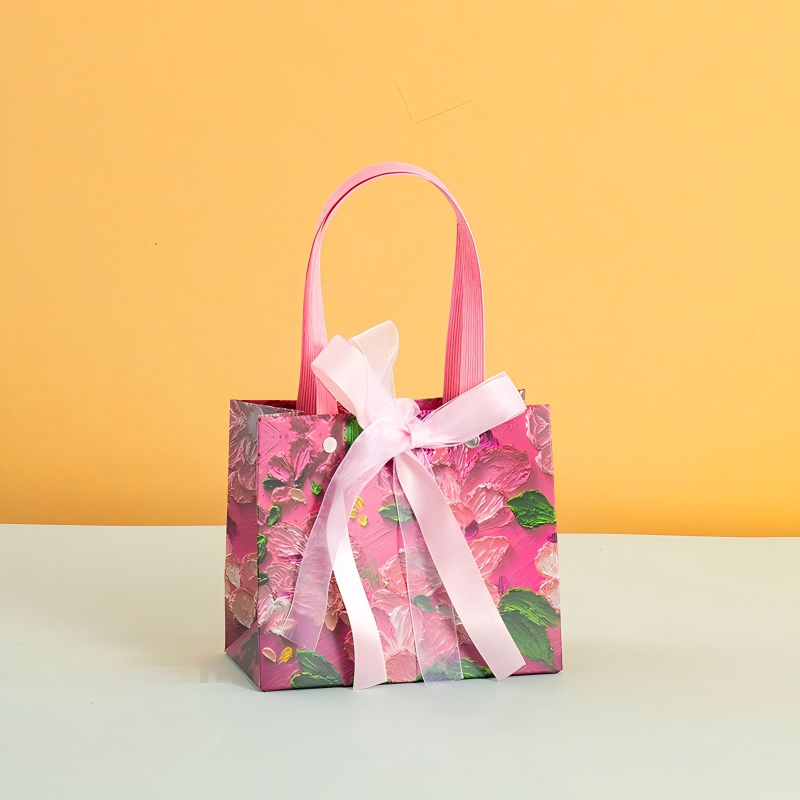 Pink Floral Oil Painting Gift Bag with Bow