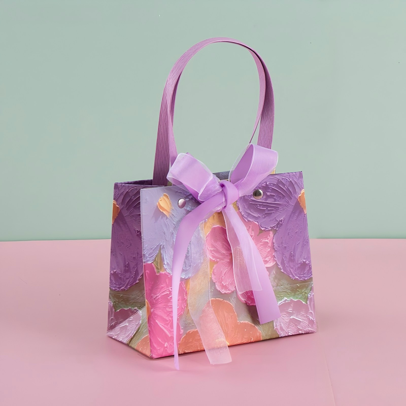 Purple & Pink Floral Oil Painting Gift Bag with Bow