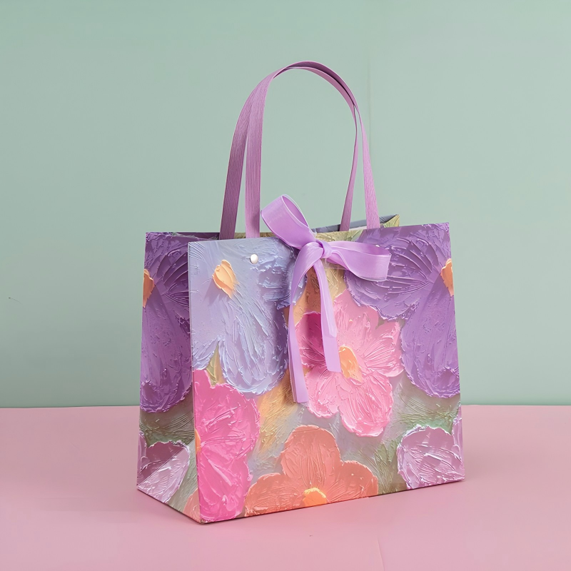 Purple & Pink Floral Oil Painting Gift Bag with Bow