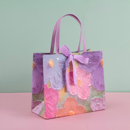 Purple & Pink Floral Oil Painting Gift Bag with Bow