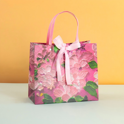 Pink Floral Oil Painting Gift Bag with Bow