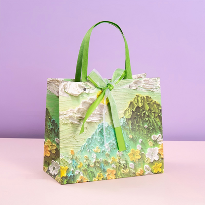Green Mountain Landscape Print Gift Bag with Bow