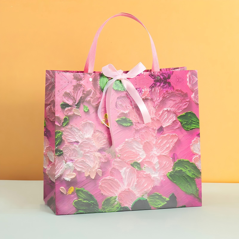 Pink Floral Oil Painting Gift Bag with Bow