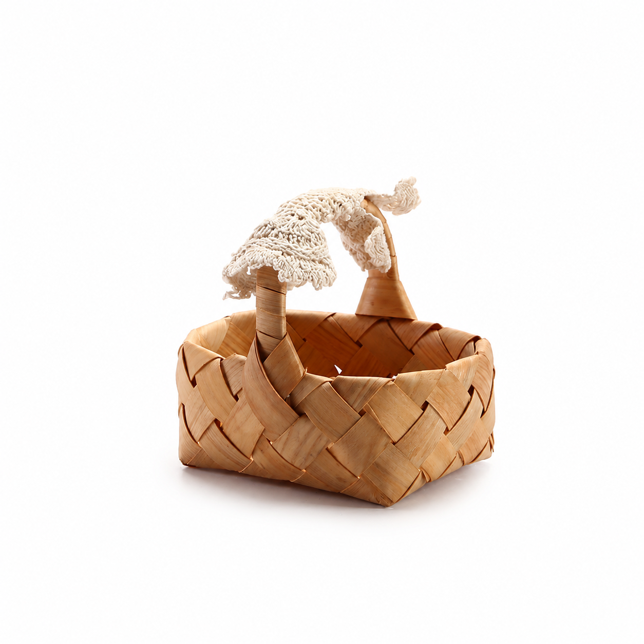 Handwoven Wooden Basket with Lace Handle – Rustic Decorative Gift Basket for Flowers, Weddings, Easter & Home Decor