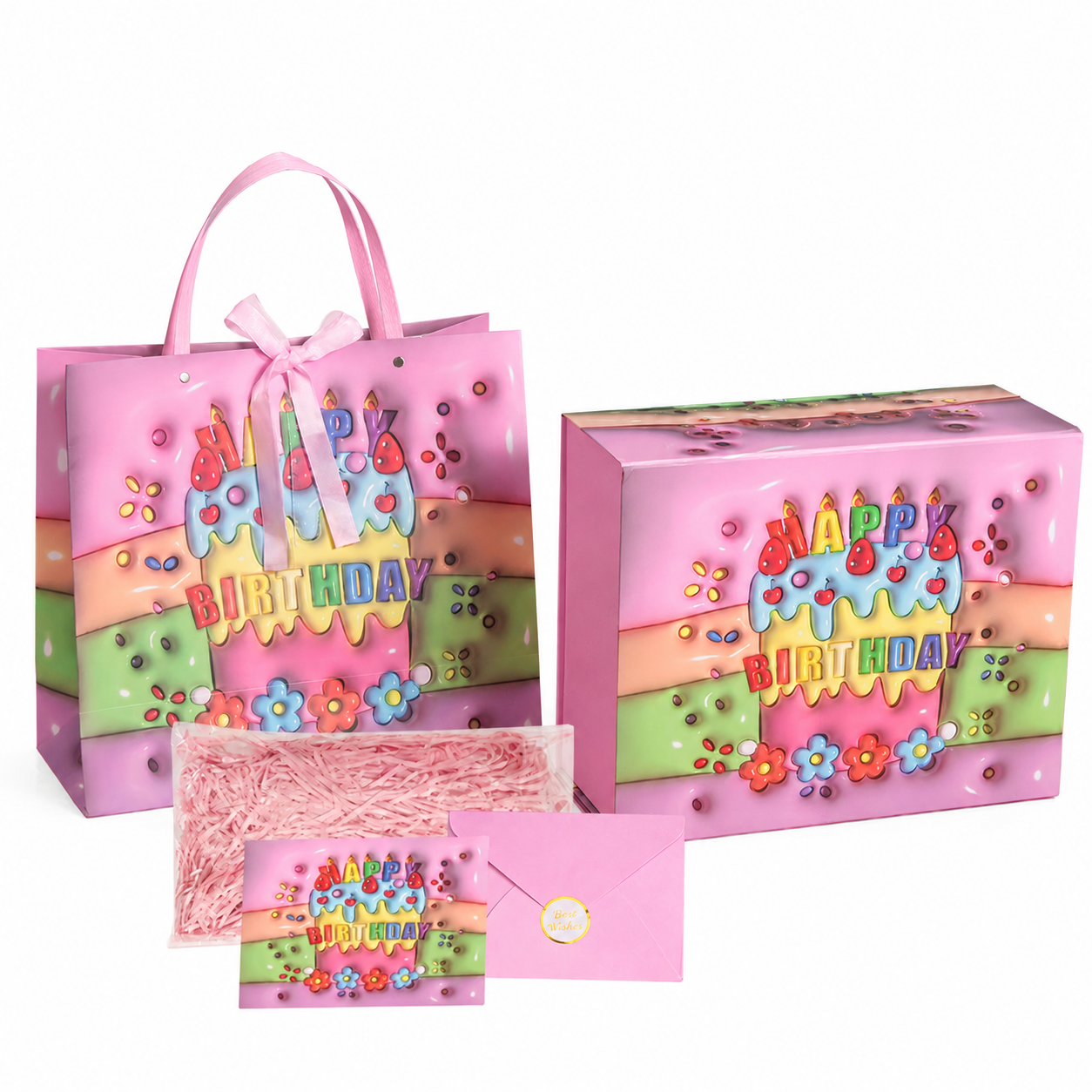 Pink Rainbow Birthday Cake Magnetic Gift Box Set with Gift Bag