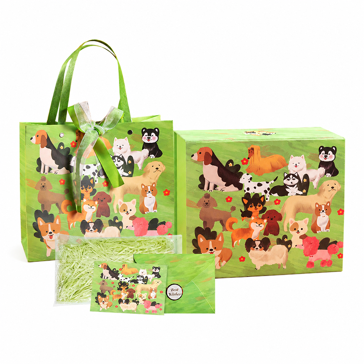 Green Dog Print Magnetic Gift Box Set with Gift Bag